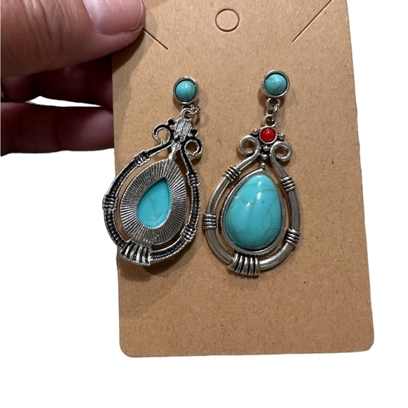 Silver and Turquoise Stone Drop Earrings - Picture 5 of 5